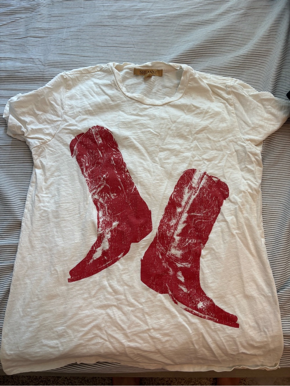 Shyanne White Tee with Red Cowboy Boot Print